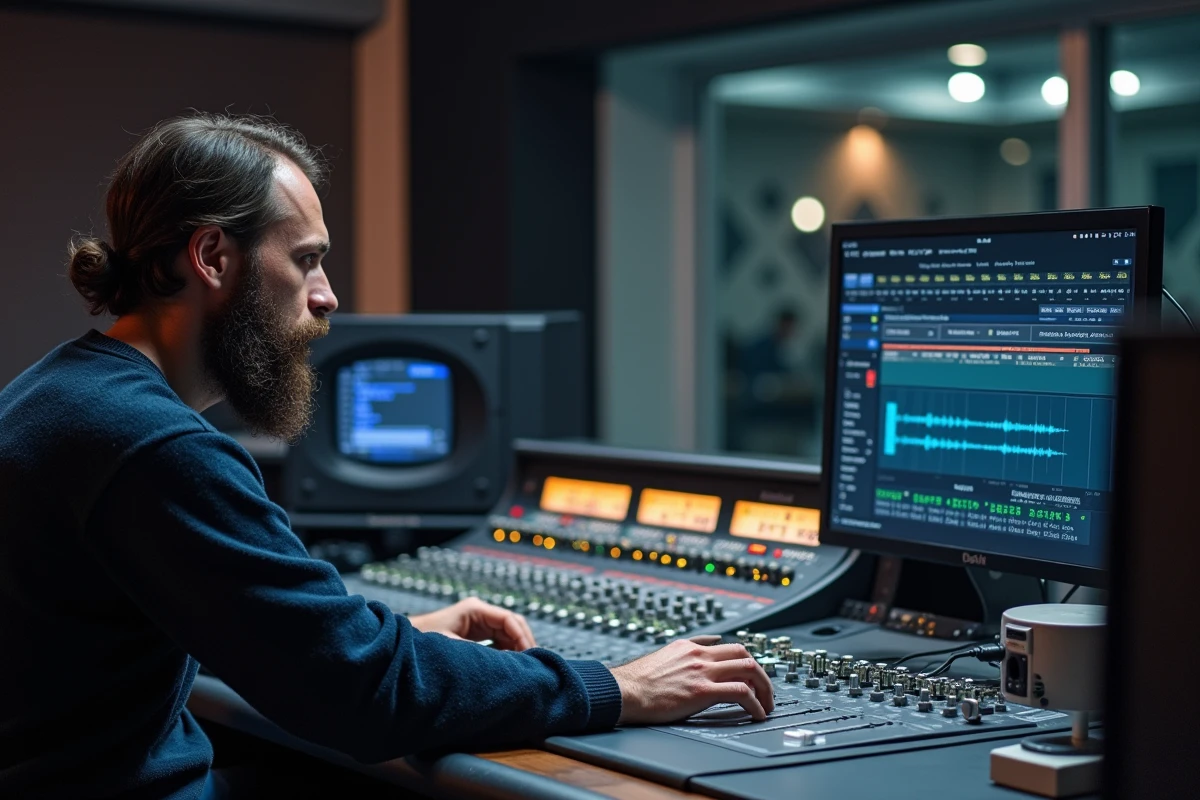 Ingénieur du son consultant l'historique d'annulation dans un logiciel audio DAW sur un bureau de mixage professionnel