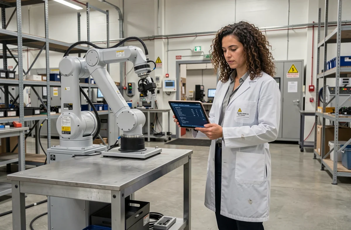 Ingénieure supervisant un bras robotique collaboratif dans une usine high-tech, symbolisant l'équilibre entre automatisation industrielle et contrôle humain