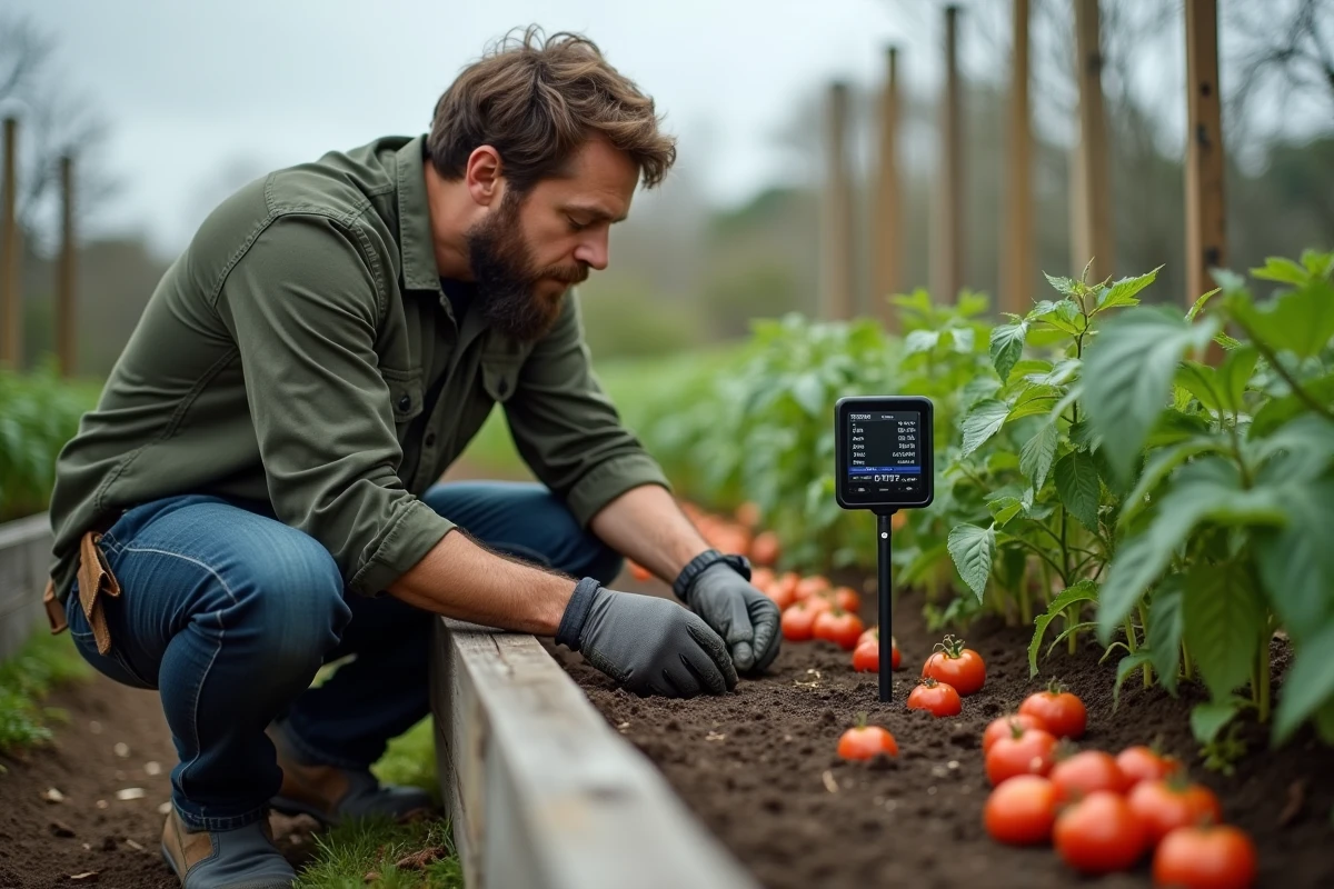 Homme configurant un capteur Grovop dans un potager surélevé en extérieur lors de la première installation