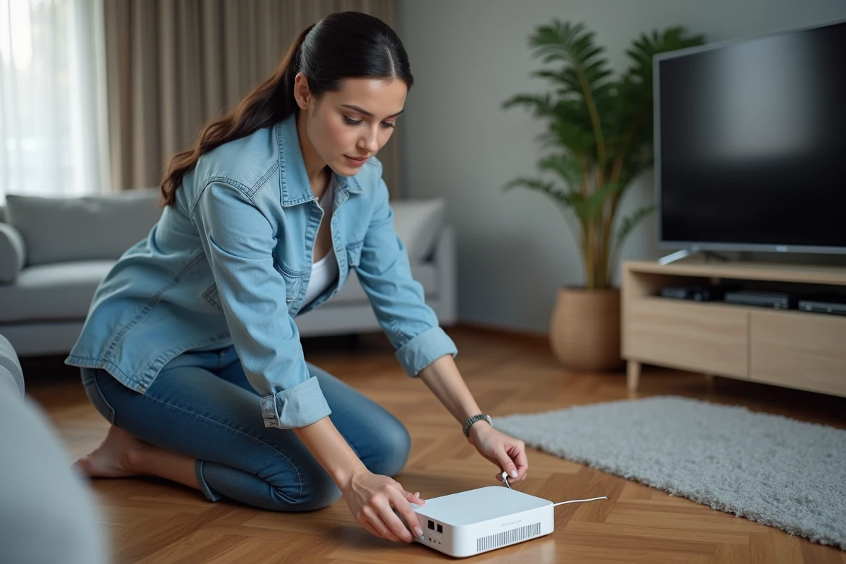 Femme branchant le câble Ethernet de sa Freebox lors de la première installation et configuration du routeur