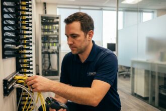 Technicien IT connectant des câbles téléphoniques dans un panneau de brassage en entreprise