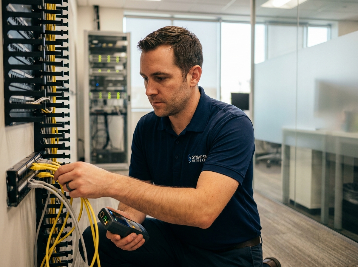 Technicien IT connectant des câbles téléphoniques dans un panneau de brassage en entreprise