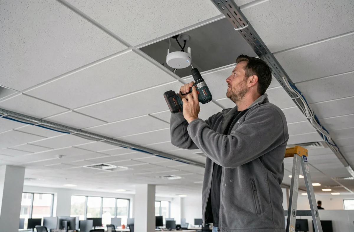Technicien Installtous fixant un point d'accès Wi-Fi au plafond d'un bureau commercial en Lorraine
