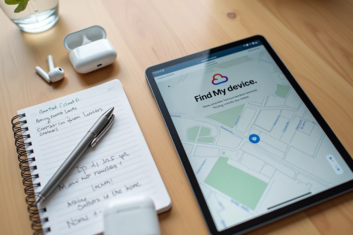 Vue aérienne d'un iPad affichant iCloud Find avec des notes de réglages pour retrouver un appareil perdu