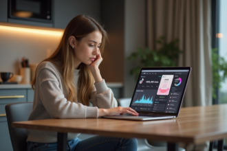 Jeune femme concentrée sur un dashboard TikTok dans sa cuisine