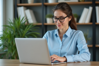 Jeune femme au bureau travaillant sur un ordinateur portable