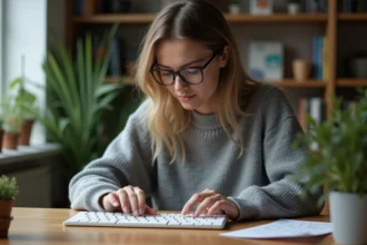Jeune femme regardant un clavier AZERTY dans un appartement moderne