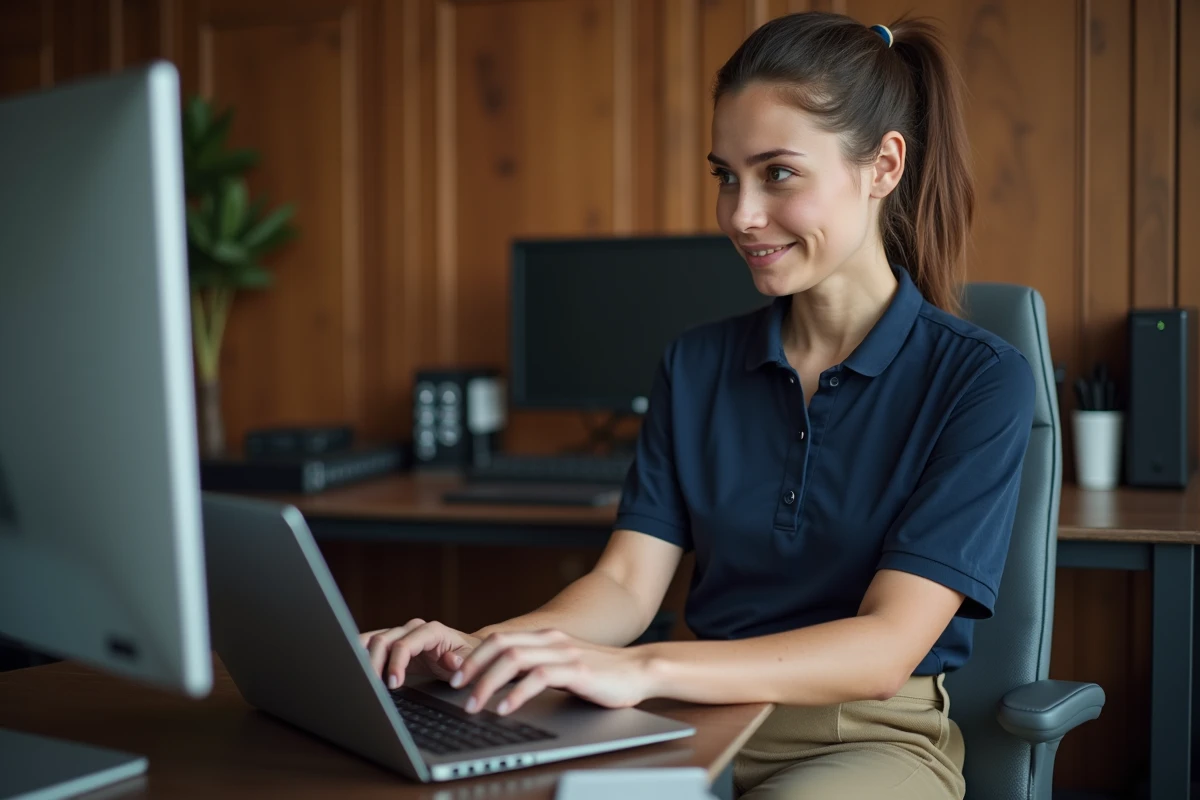 Jeune femme configurant un onduleur sur son ordinateur portable