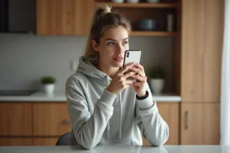 Jeune femme en hoodie enregistrant une story Instagram dans une cuisine moderne