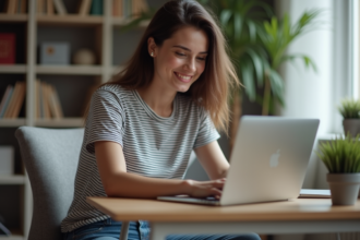 Jeune femme souriante utilisant son MacBook à domicile