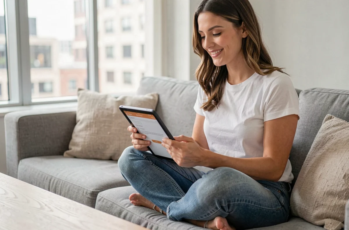 Jeune femme accédant aux réglages du webmail Orange sur une tablette dans un salon moderne