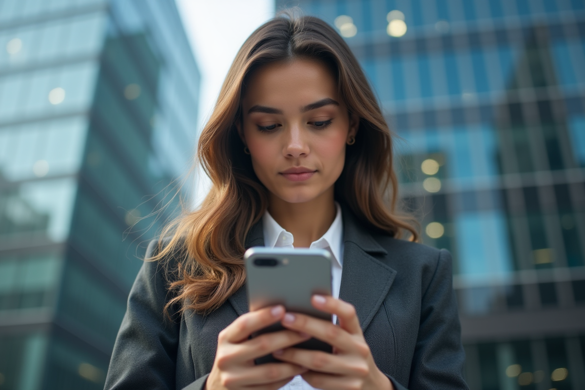 Jeune femme vérifiant son smartphone en extérieur