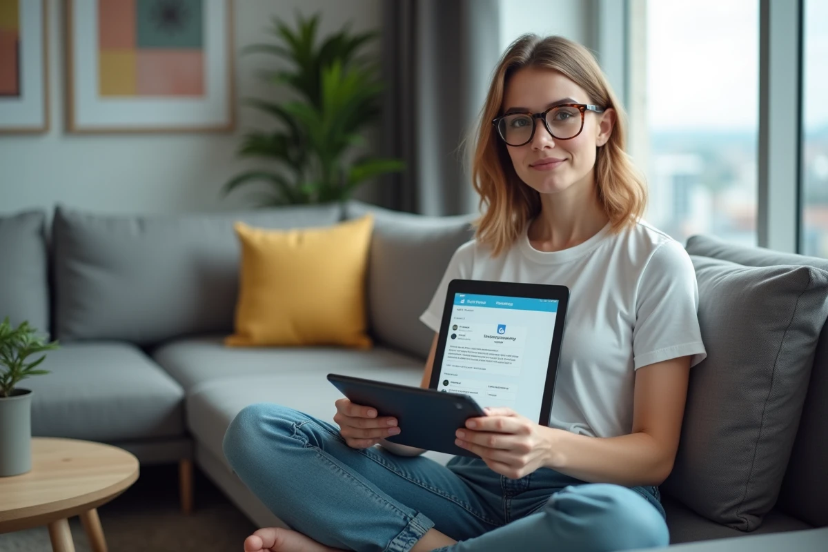 Jeune femme sur canapé consultant une tablette pour récupérer un mail supprimé en préservant la confidentialité de ses données