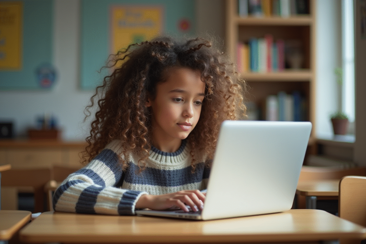 Jeune fille aux cheveux bouclés travaille sur un ordinateur en classe