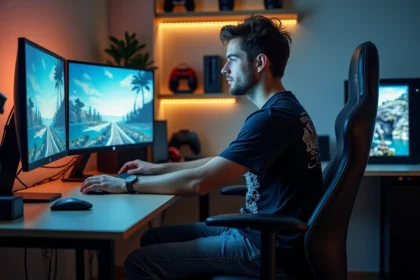 Jeune homme concentré sur son bureau gaming moderne