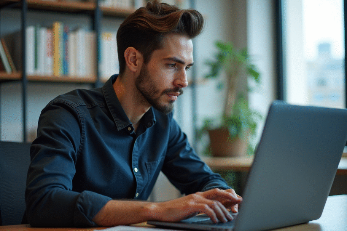 Jeune homme au bureau travaillant sur un ordinateur portable