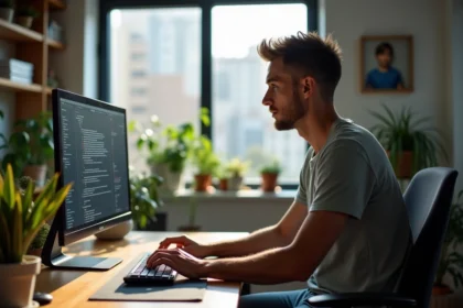 Jeune homme concentré devant son ordinateur dans un bureau lumineux