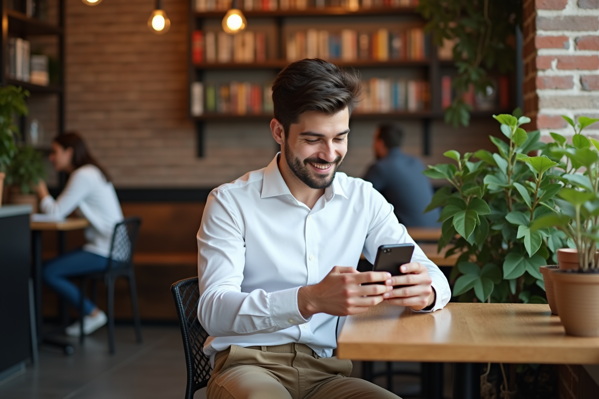 Jeune homme au café regardant son smartphone