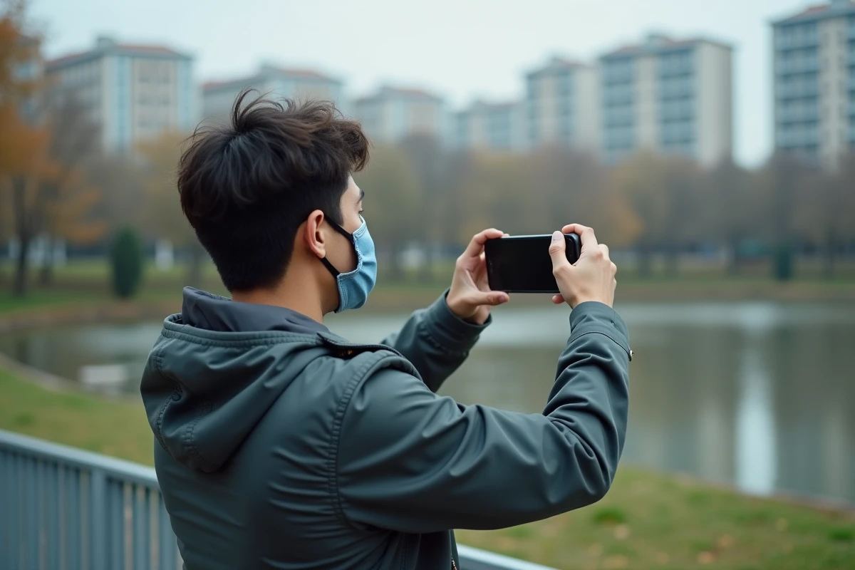 Jeune homme avec masque filmant une story dans un parc urbain