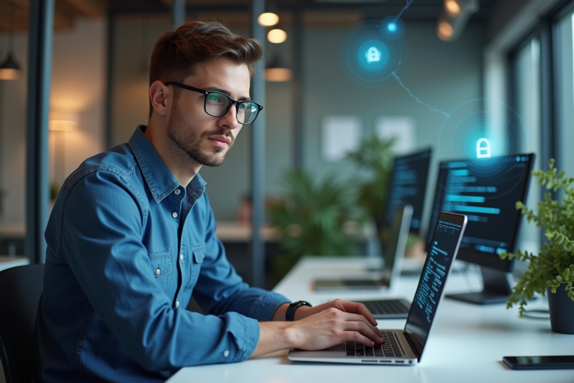 Jeune homme IT utilisant un VPN dans un bureau moderne