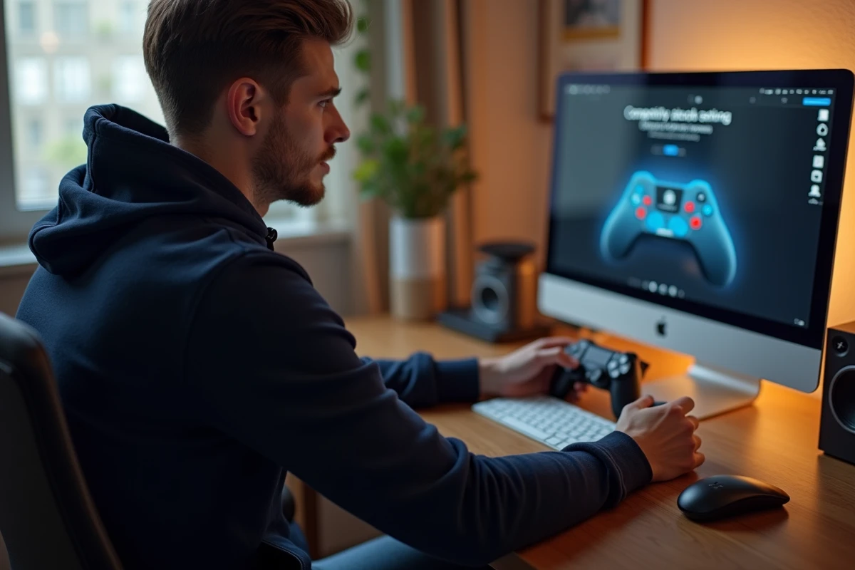 Jeune homme concentré avec manette gaming sur bureau