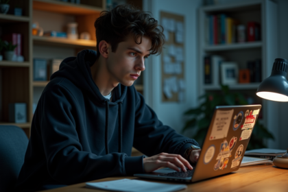 Jeune adulte concentré sur son ordinateur dans un appartement