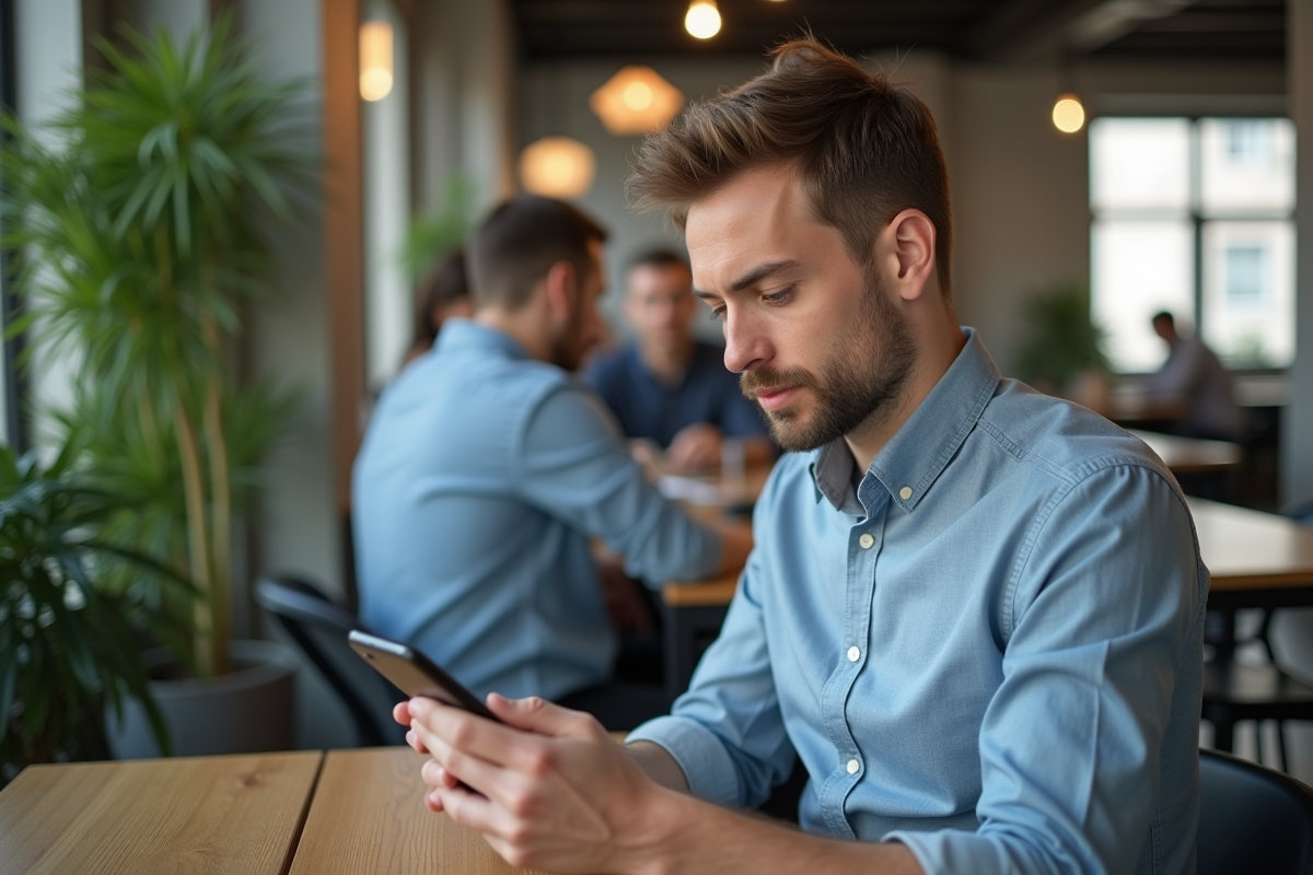 Jeune homme vérifiant son profil LinkedIn dans un espace collaboratif
