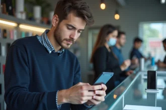 Jeune homme examinant un Galaxy d'occasion au magasin