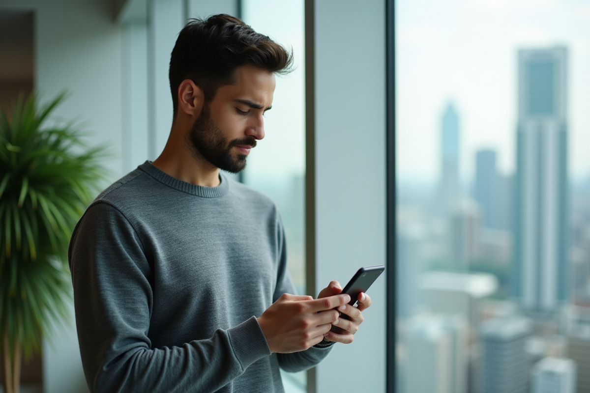 Jeune homme regardant son smartphone près d une fenêtre