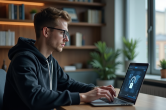 Jeune homme concentré devant son ordinateur avec VPN