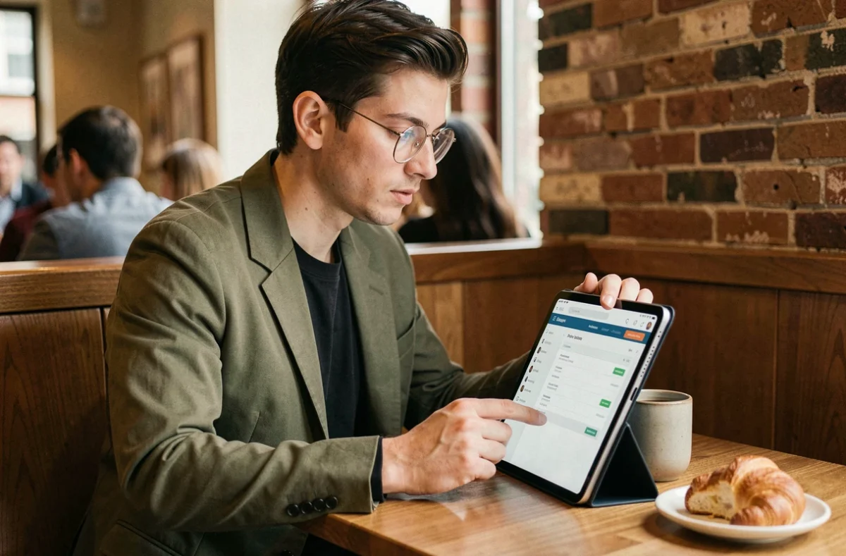 Jeune professionnel gérant ses emails via une interface webmail sur une tablette dans un café