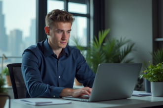 Jeune homme au bureau regardant des dossiers cloud sur son ordinateur