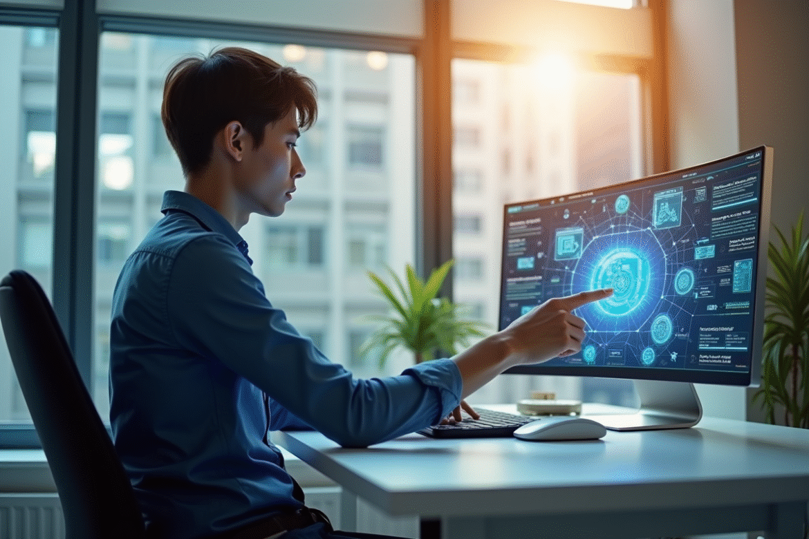Jeune professionnel utilisant un hologramme blockchain lumineux