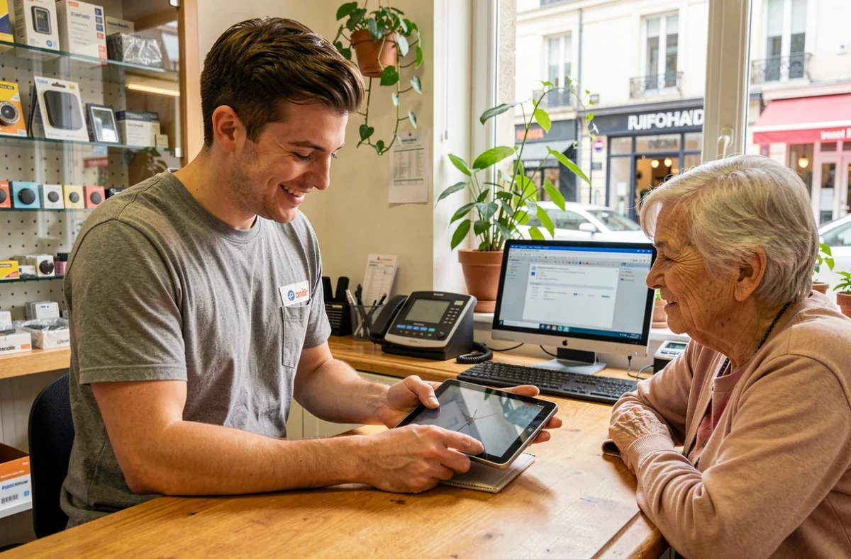 Technicien de J'M Informatique remettant une tablette réparée à une cliente satisfaite dans sa boutique