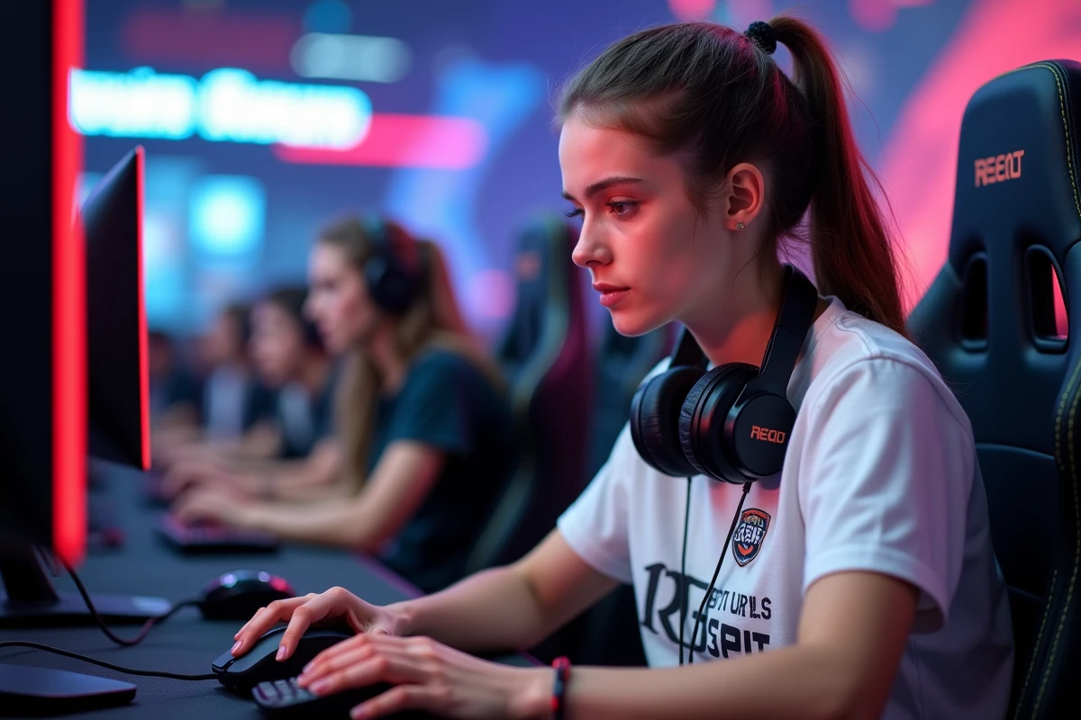 Joueuse en compétition d'esport utilisant la technique du jitter click sur une souris gaming professionnelle