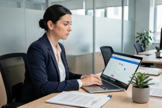 Femme juriste consultant Google sur ordinateur portable avec des documents légaux sur son bureau