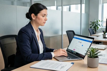 Femme juriste consultant Google sur ordinateur portable avec des documents légaux sur son bureau