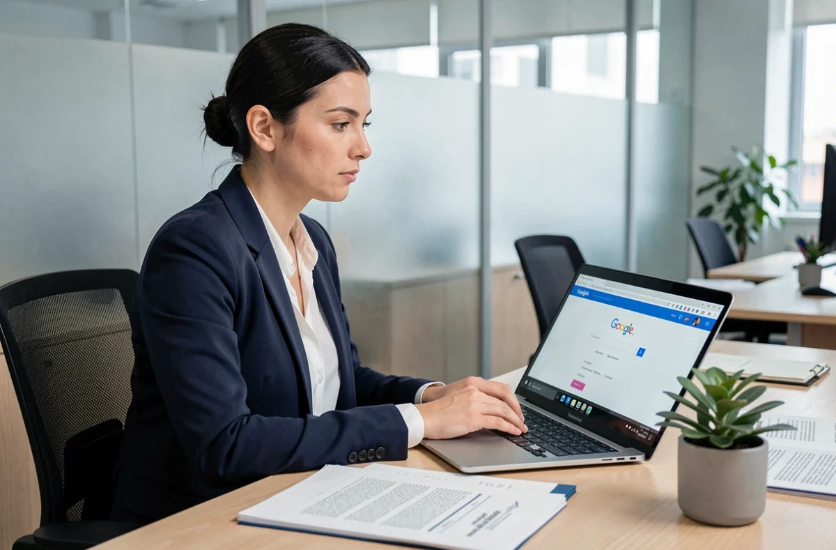 Femme juriste consultant Google sur ordinateur portable avec des documents légaux sur son bureau