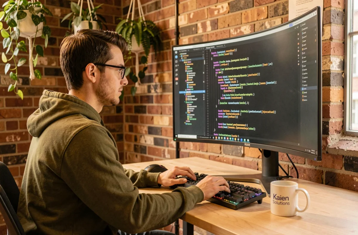Développeur de Kaizen Solutions codant sur un ultrawide dans un bureau au style startup avec murs en brique apparente