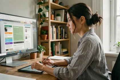 Femme utilisant un logiciel de PAO gratuit sur ordinateur dans un bureau à domicile