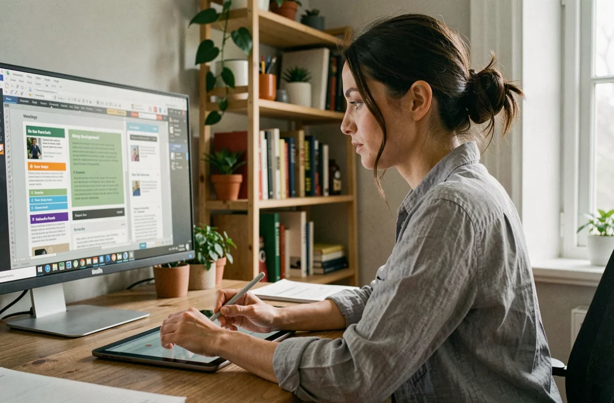 Femme utilisant un logiciel de PAO gratuit sur ordinateur dans un bureau à domicile