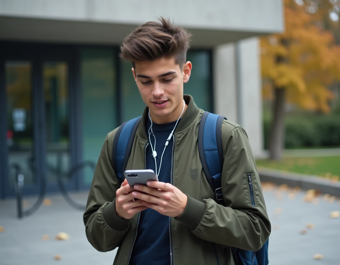 Lycéen utilisant l'application ENT Oze 92 sur son téléphone devant son lycée