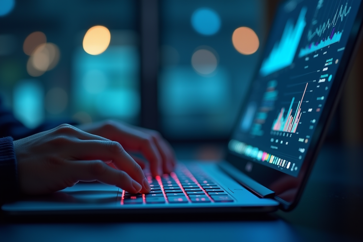 Mains tapant sur clavier rétroéclairé avec écran technique en arrière-plan