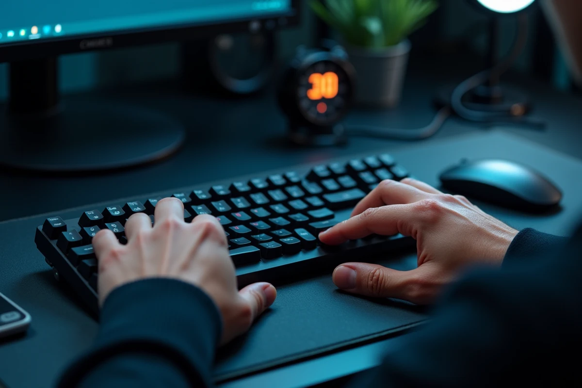Gros plan de mains en train de taper sur un clavier mécanique lors d'un défi de vitesse de frappe chronométré
