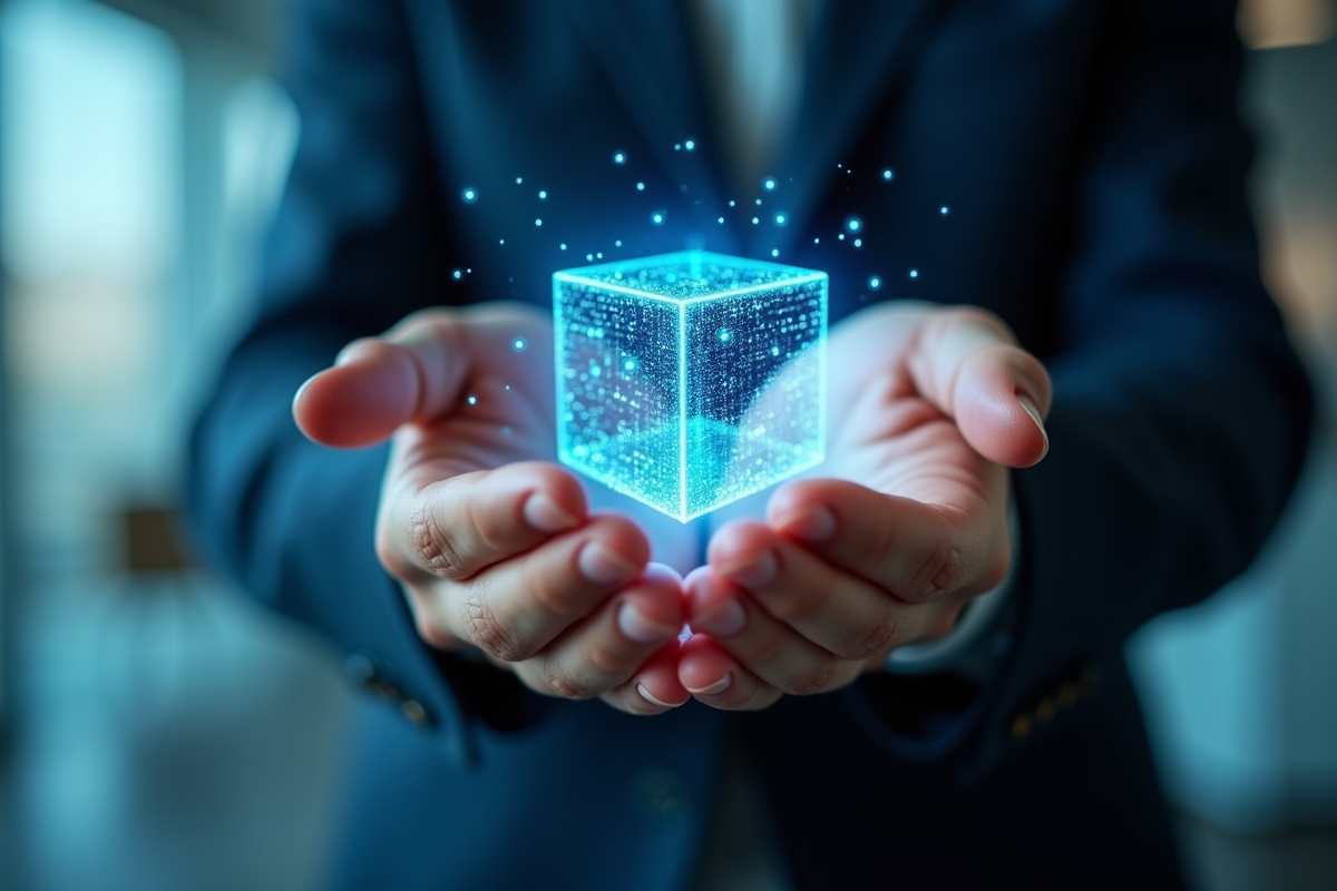 Mains tenant un cube lumineux symbolisant la blockchain