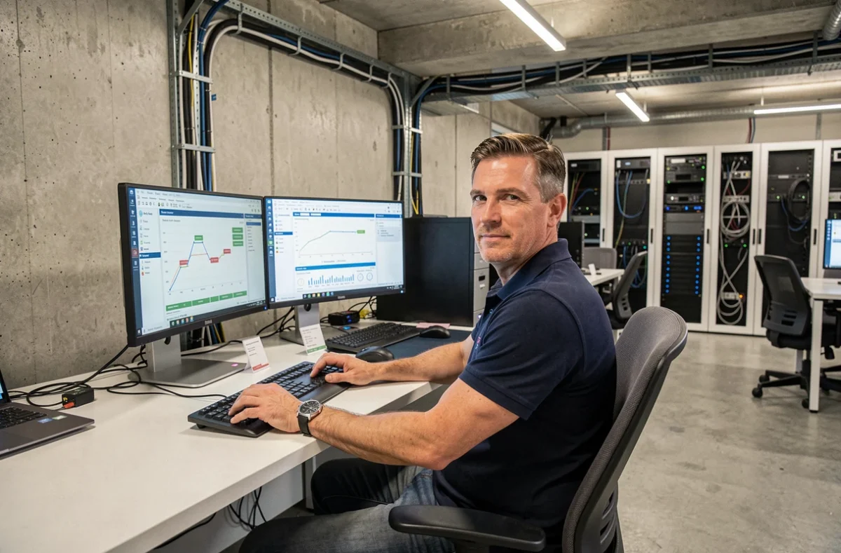 Un technicien informatique professionnel travaille sur plusieurs écrans dans un bureau moderne représentant les meilleures sociétés de maintenance informatique en Meurthe-et-Moselle