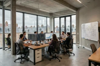 Équipe de consultants IT travaillant dans un open-space moderne en Normandie, illustrant le classement des meilleures ESN de la région