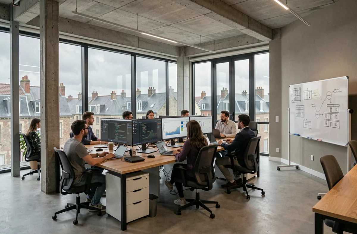 Équipe de consultants IT travaillant dans un open-space moderne en Normandie, illustrant le classement des meilleures ESN de la région