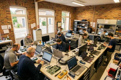 Atelier de dépannage informatique en Centre-Val de Loire avec des techniciens au travail sur plusieurs ordinateurs