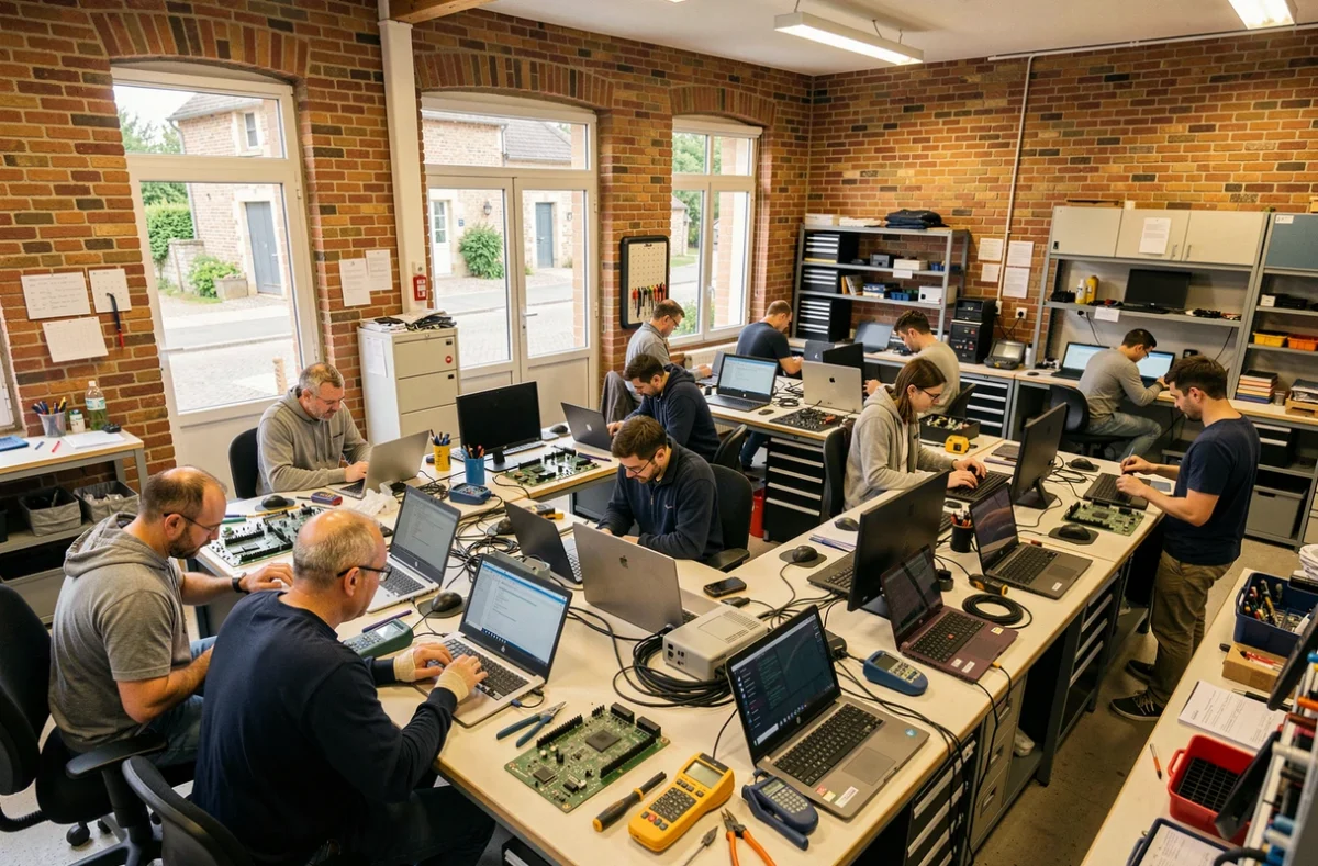 Atelier de dépannage informatique en Centre-Val de Loire avec des techniciens au travail sur plusieurs ordinateurs